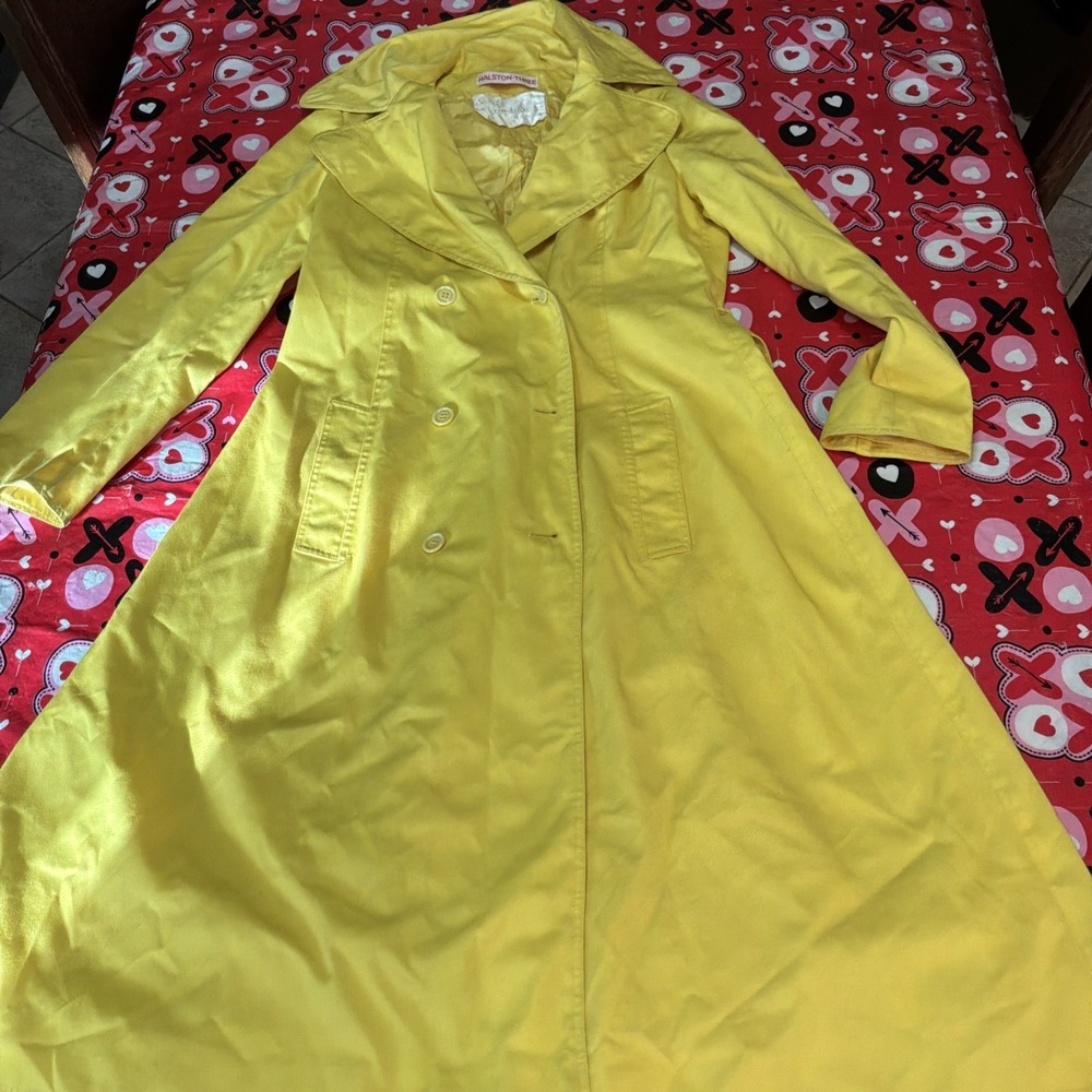 Vintage Womens Halston-Three Trench Coat Yellow Belted Stanley Korshak